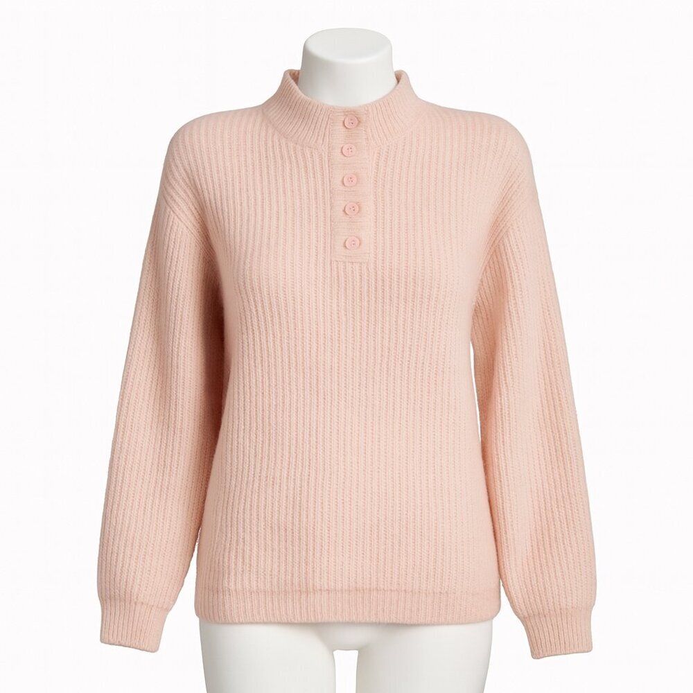 Norm Thompson Silk-Angora Blend Ribbed Henley Pink Pullover Sweater • Size S